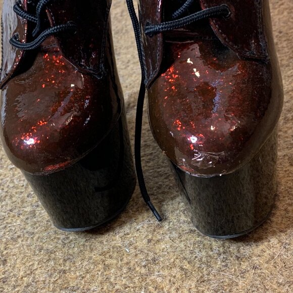 Pleaser ADORE Red Glitter Patented Ombre 7" Platform Stiletto Heel Lace Up Boots - Picture 13 of 16